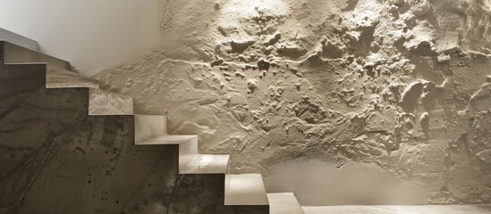 A black and white photograph of a staircase extending upwards, with each step clearly visible against the backdrop of a textured wall.