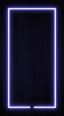 Dark wood wall background, blue neon light and rectangle shape with vertical banner. line frame and...