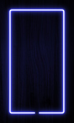 Dark wood wall background, blue neon light and rectangle shape with vertical banner. line frame and glowing with copy space or empty.