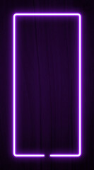 Dark wood wall background, purple neon light and rectangle shape with vertical banner. line frame...