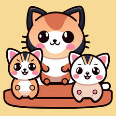 cat family, cat mother, cat father, children sitting on sofa in cosy home, vector illustration kawaii