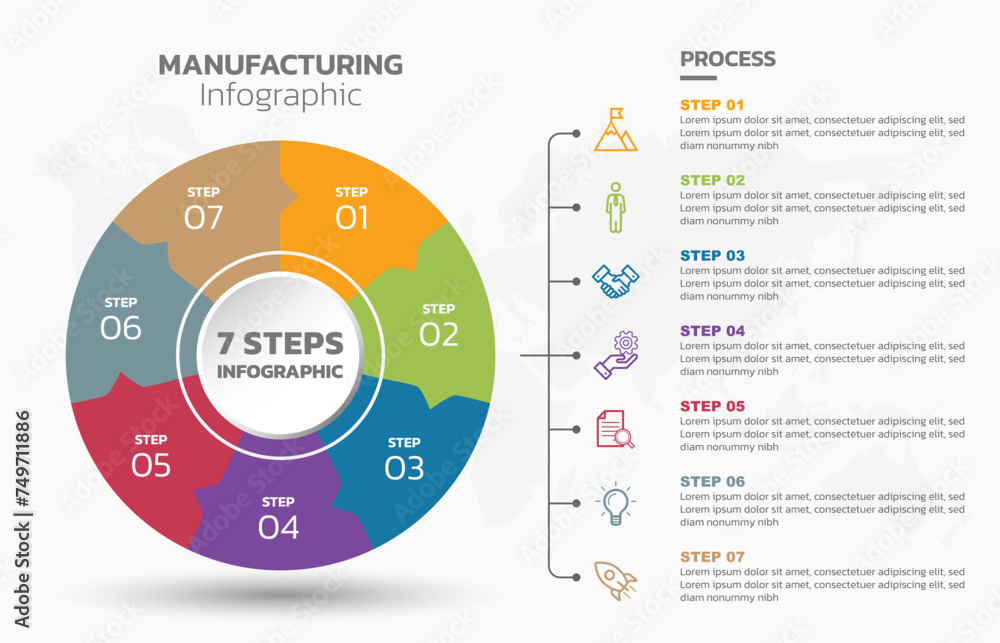 Poster Visual data presentation. Cycle diagram with 7 options. Pie Chart Circle infographic template with 7 steps, options, parts, segments. Business concept. Marketing infographic vector illustration.