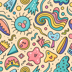 Fishes and Circles Seamless Pattern: Floral Vector Wallpaper Design with Cartoon Nature Elements