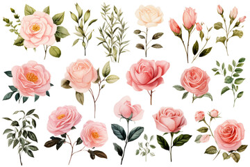 A collection of watercolor roses flowers isolated on transparent background.