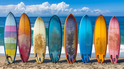 Vibrant surfboards on sandy beach, perfect for copy space, waiting for the waves