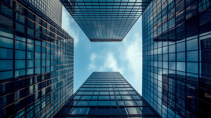 Skyward view of towering glass buildings.