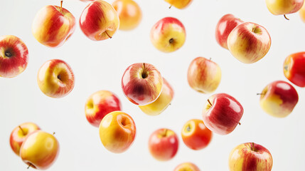 Red and Yellow Apples Floating on White Background