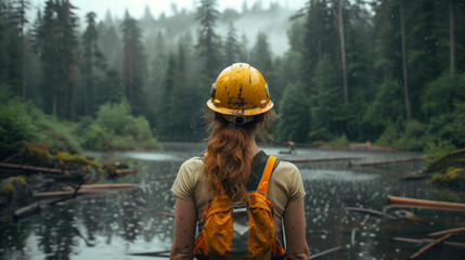 Femme de dos portant un casque de chantier devant un paysage forestier inondé