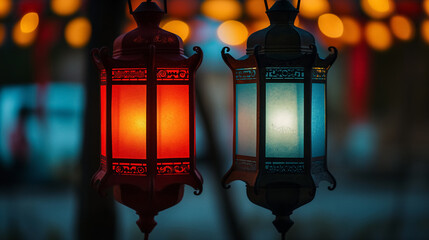 Chinese lanterns glowing in evening light.