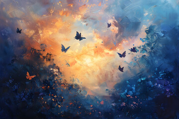 A beautiful painting of butterflies flocking in the sunset sky