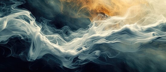 A captivating painting showcasing a dynamic fusion of white and orange smoke against a black background. The mesmerizing smoke swirls and twists, creating an enchanting visual experience.