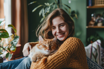 Portrait of happy young woman sitting with her cat in home