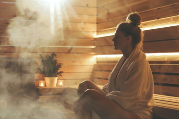 Relaxed woman enjoying in sauna at wellness center - Powered by Adobe