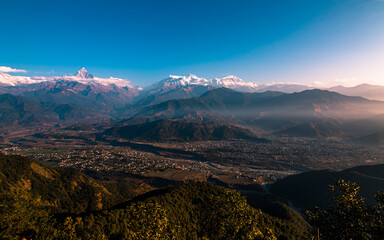 Landscape view of Mount Annapurna range in Pokhara, Nepal.