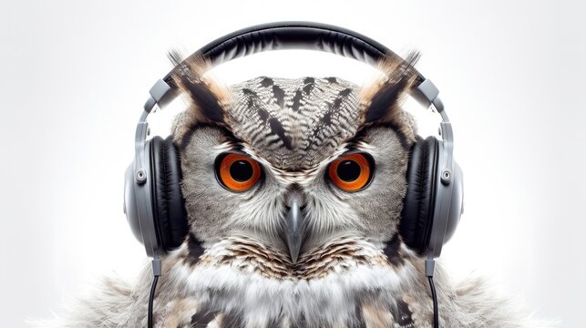 Photo of an owl listening to music. Isolated on white