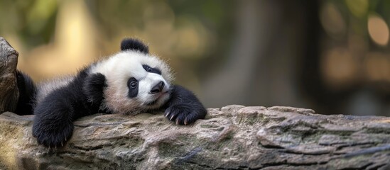 Obraz premium A black and white panda bear is laying on a rock, its head playfully sticking out. The bear looks relaxed and comfortable in its natural habitat.
