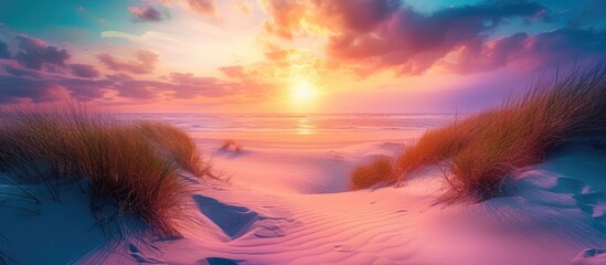 A painting portraying a colorful sunset over a sandy beach, with the sun dipping below the horizon and casting vibrant hues of orange, pink, and purple across the sky and water. The scene captures the - obrazy, fototapety, plakaty
