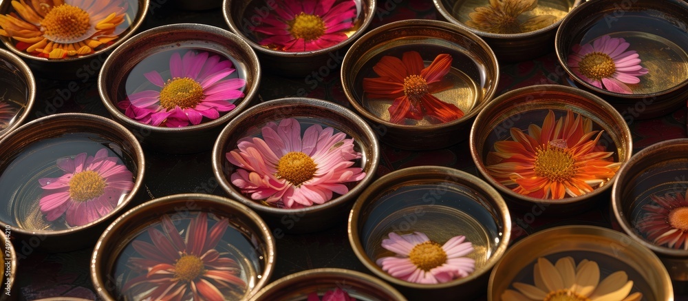 Poster a collection of vibrant flowers placed in various bowls, creating a visually appealing display. the 