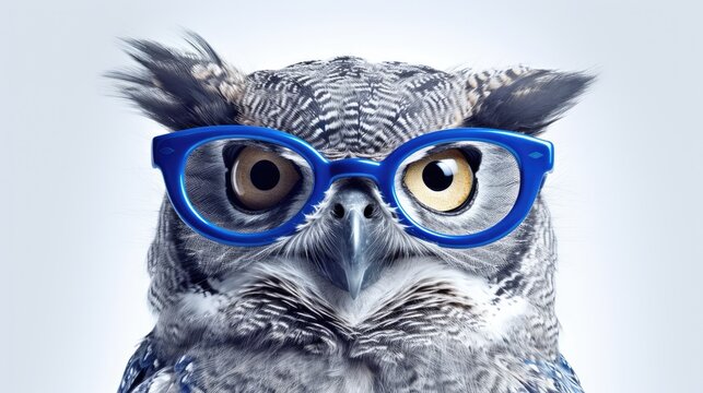 Photo of an owl wearing glasses.isolated on white