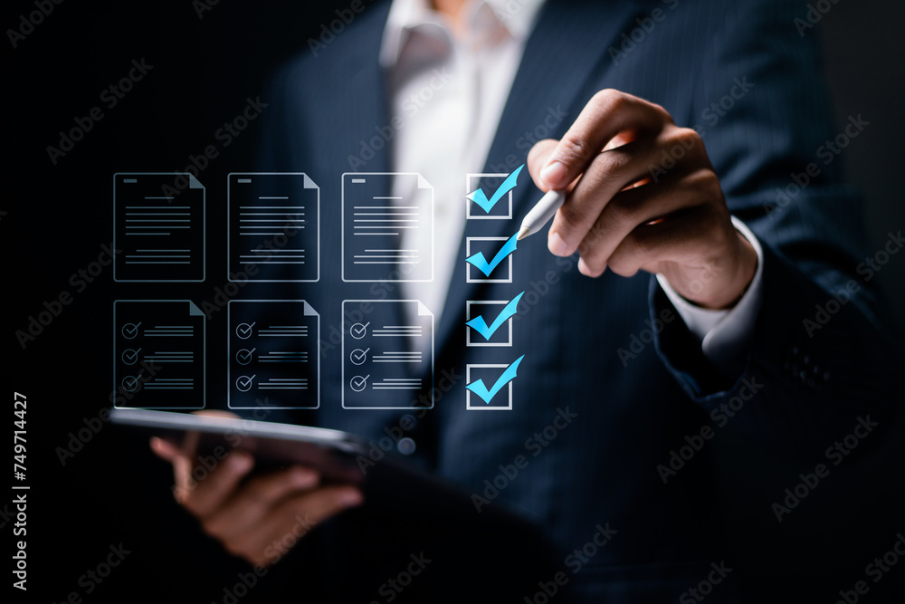 Poster businessman use tablet to paperless online approval for document management concept. business proces