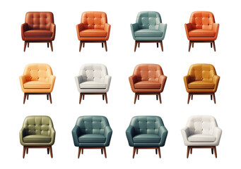 collection of mid century modern armchairs in various colors isolated on transparent background.