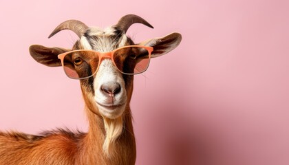 Cool and funny goat wearing sunglasses on pastel color background with space for text placement