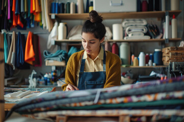 Young woman fashion designer working with fabric at the studio