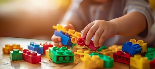 Colorful plastic constructor blocks little boy playing, ultra hd, close up with copy space
