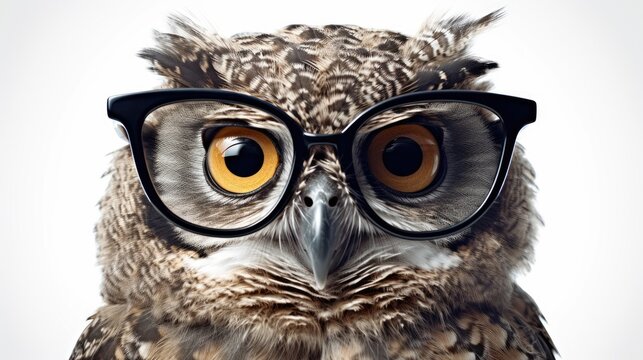 Photo of an owl wearing glasses.isolated on white