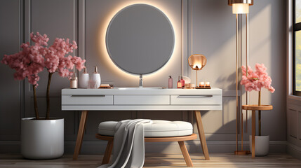 an elegant vanity and stool on white background, in the style of minimalist lines, golden light, white and gray, nature-inspired, minimalist backgrounds, striped arrangements, rim light