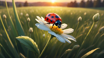 Obraz na płótnie Canvas A solitary ladybug basks in the warm light on a white flower, casting a captivating shadow on the meadow floor and the vibrant colors of the setting sun reflect in its tiny wings
