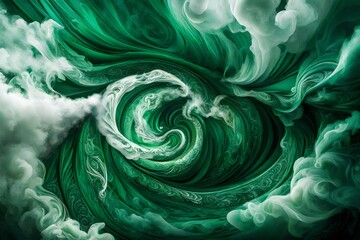 A captivating dance of color and form, a swirl of emerald colorful smoke captured with precision by an HD camera, creating an enchanting composition full of mystery and allure