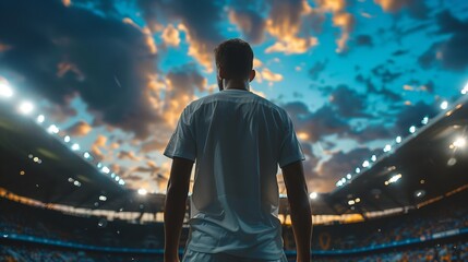 Soccer Player Facing Stadium Lights at Sunset - A Moment Before the Game