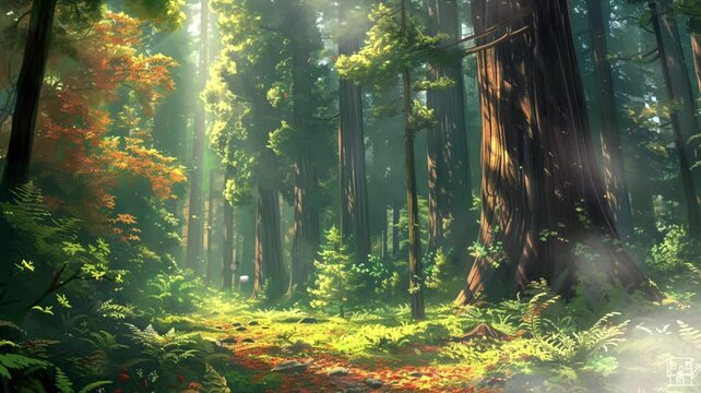 majestic sequoia grove, with towering trees, Seamless looping 4k video background animation
