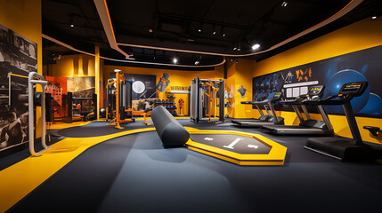 A gym that combines fitness and education, with interactive exhibits and informative displays.