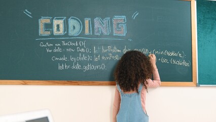 Girl writing engineering prompt by using AI software or programing system to generate AI on table...