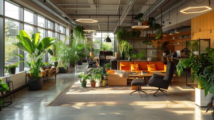 Modern Office Space with Green Plants and Natural Light
