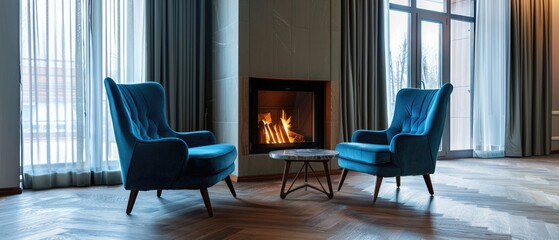 Empty living room interior with fireplace and blue armchairs. Northwest, USA