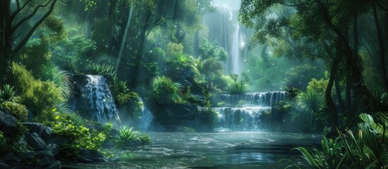 A painting showcasing a powerful waterfall cascading down rocks in the midst of a dense forest. The rushing water creates a dynamic contrast with the greenery of the trees and foliage surrounding it.