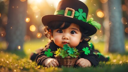 cute baby with St. Patrick Hat on park background	