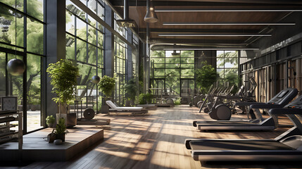 A gym with an open-air concept, bringing the outdoors inside with natural lighting and greenery.