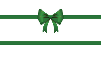 Green bow and horizontal ribbon realistic shiny satin with shadow for decorate your christmas card or website vector EPS10 isolated on white background.