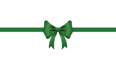 Green bow and horizontal ribbon realistic shiny satin with shadow for decorate your christmas card or website vector EPS10 isolated on white background.