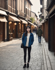 古い日本家屋が立ち並ぶ通りを旅行中の若い女性