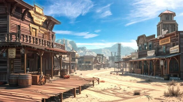 The dusty streets of the western desert town were lined with weather-beaten wooden saloons, their swinging doors creaking in the hot desert breeze, Seamless looping 4k video background animation