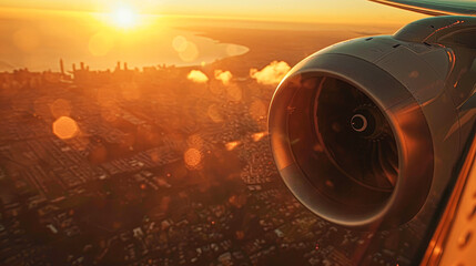 A jet engine is seen from the side, with the sun shining on the city below
