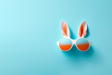 Sunglasses decorated with Bunny's ears on pastel blue background. Summer Holidays concept. Copy space for text, AI image
