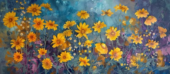 Obraz na płótnie Canvas A painting featuring vibrant yellow daisies blooming against a vivid blue background, creating a striking contrast. The flowers stand out with their bright color and intricate details, adding a lively