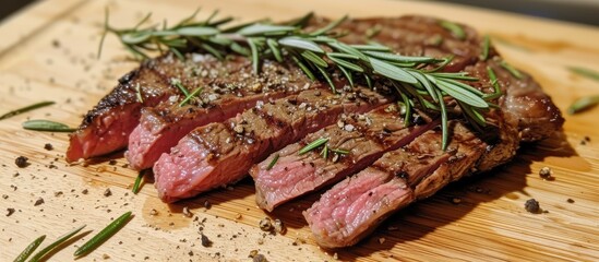 A juicy piece of airfried flank beef steak seasoned with rosemary is placed on a wooden cutting board, ready to be sliced. The steak appears browned and appetizing, showcasing its tender texture.