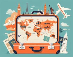 travel background with suitcase and map